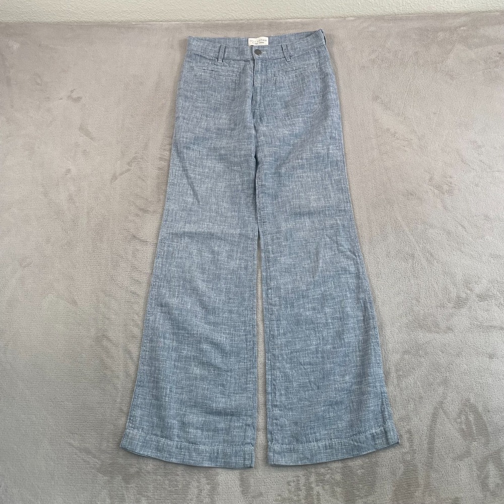 NILI LOTAN Wide Flared Leg Pants Women 27‎ Blue Chambray High Rise Designer $495